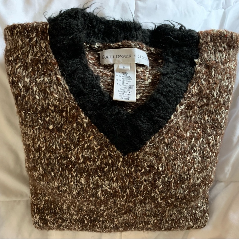Ballinger Gold Large Vintage V-Neck Sweater Brown White w/ Black Accents VGC